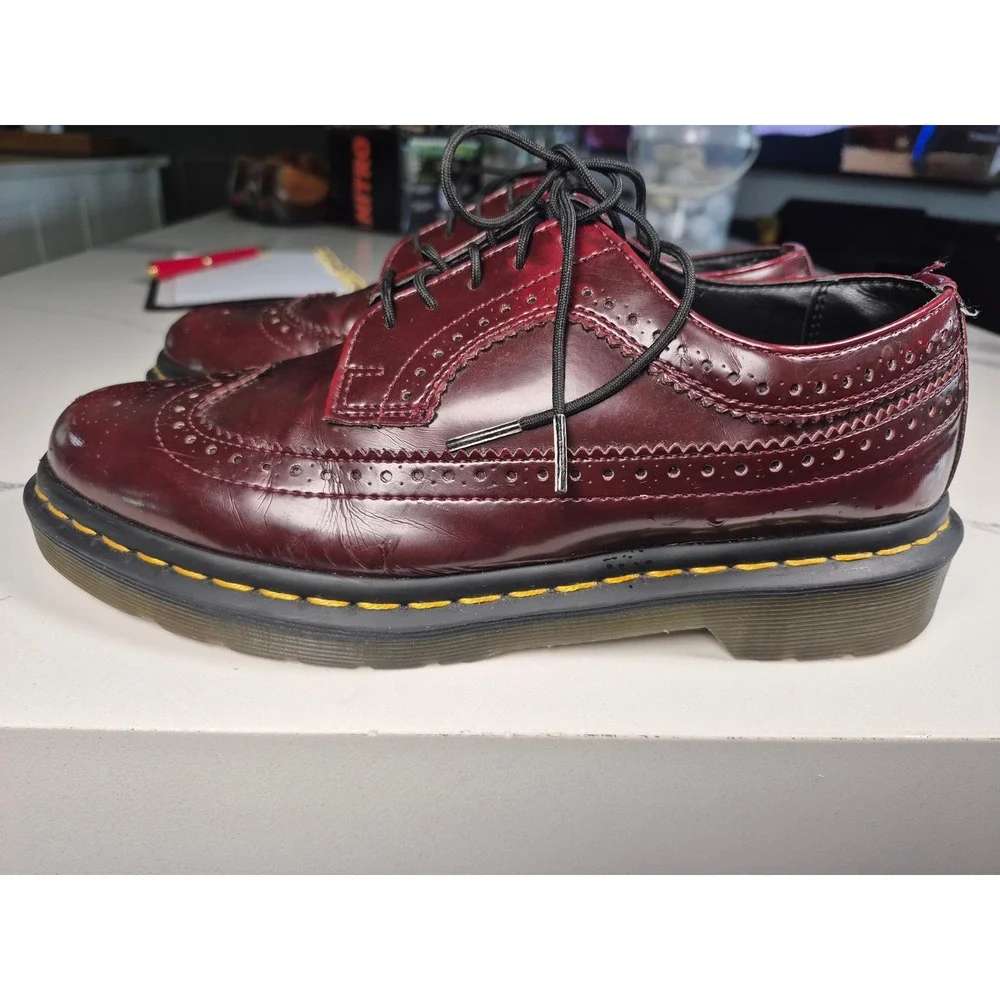 Dr. Martens Vegan 3989 Brogue Cherry Red Oxford Rub Off Wingtip Shoes